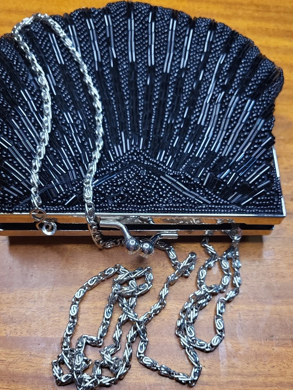 Elegant Black Beaded Evening Bag with Silver Chain